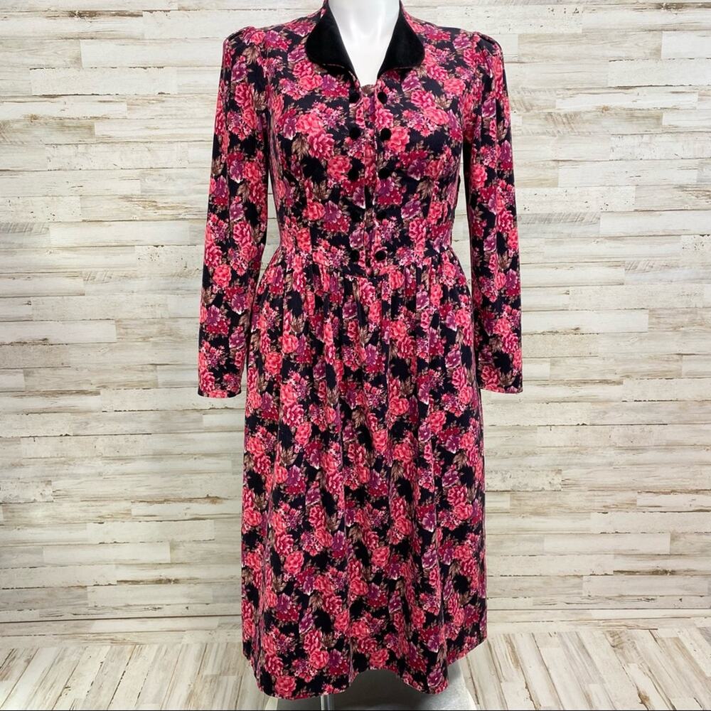 Laura Ashley Vintage Floral Corduroy Dress Womens Size 10 Pink Black Velvet Trim